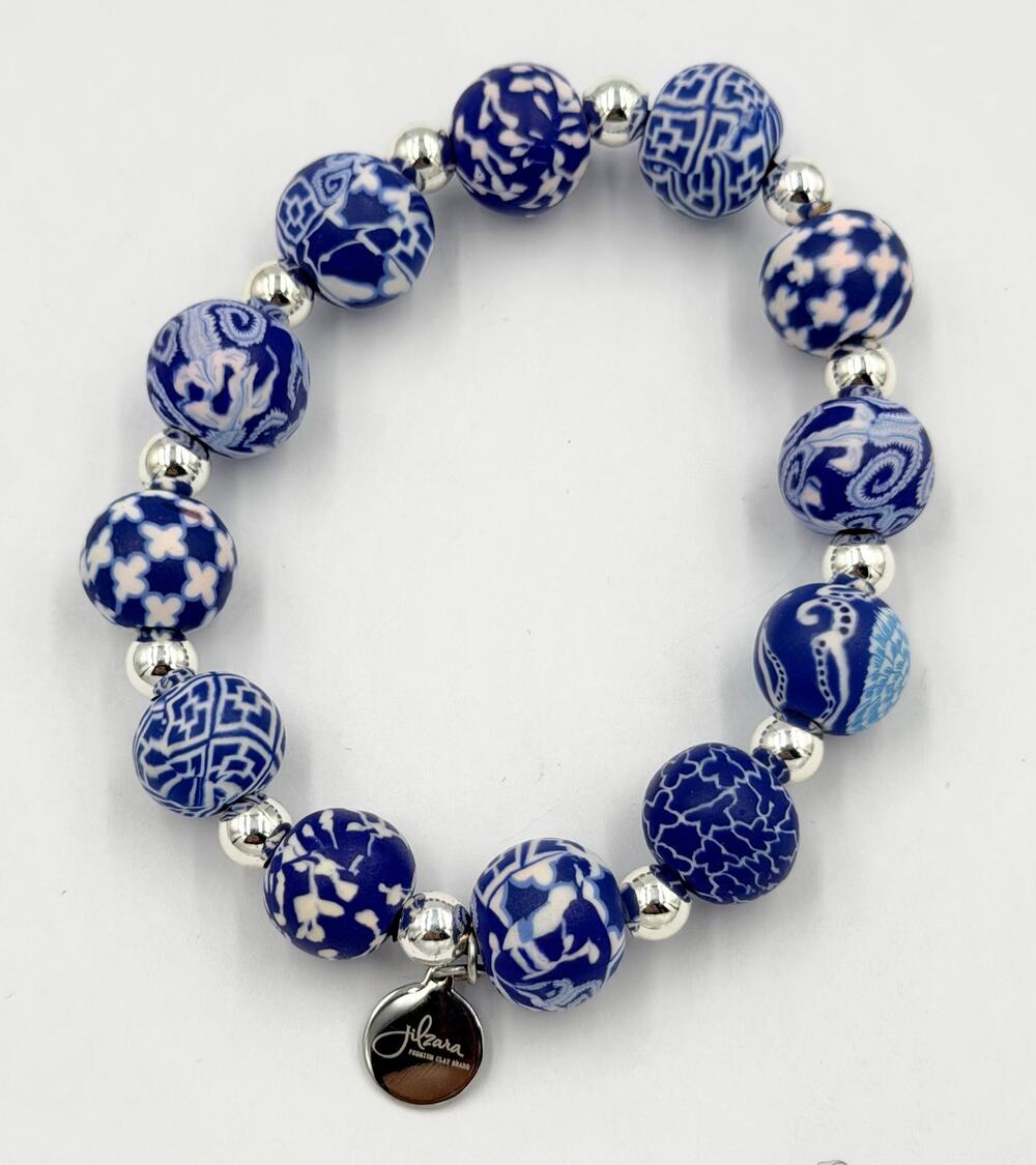 Jilzara Handmade Blue and White Clay Beads Stretch Bracelet NEW Retired